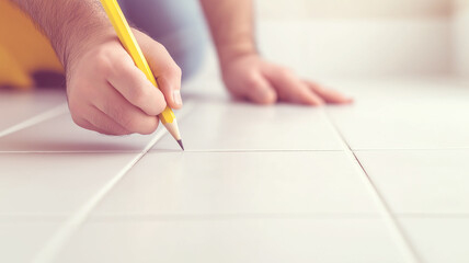 Skilled construction worker carefully measuring white tile surface with pencil and ruler during precise home renovation work