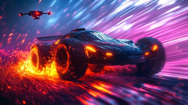 A futuristic rally car jumping off a ramp on a neon-lit off-road track, glowing dust trails, floating drones capturing the race. intense action, saturated colors, glowing particles.