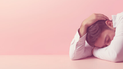 Exhausted professional napping on pink desk, head resting on crossed arms, blank workspace area visible nearby