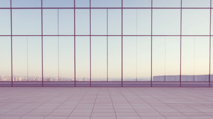 Wide view of modern empty office space with large windows offering a stunning view of the city skyline