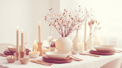 Warm toned holiday table setting featuring biodegradable utensils, LED candles, and dried flowers in neutral ceramic vases, promoting sustainable celebration trends
