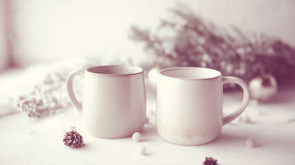 Two mugs stand on a snowy surface, surrounded by festive decorations, creating a cozy and bright Christmas morning scene