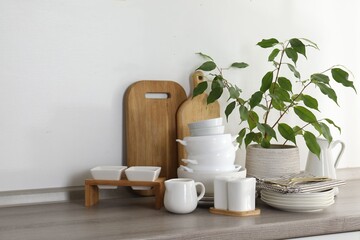 Different clean white dishware, wooden cutting boards, cutlery and houseplant on counter in kitchen