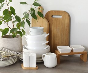 Different clean white dishware, wooden cutting boards, cutlery and houseplant on counter in kitchen, closeup