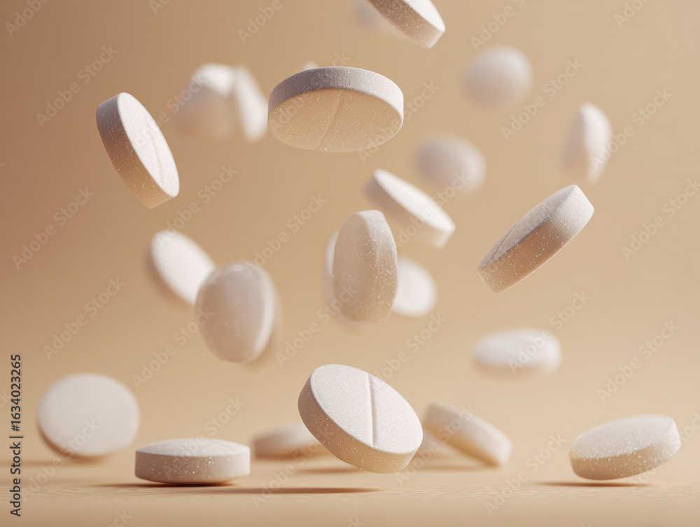Aufkleber close-up macro shot of various white pills in motion against a beige background under soft sunlight,