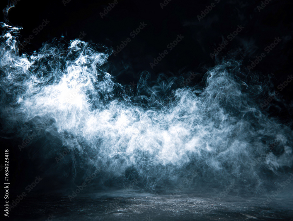 Poster a dynamic image showcasing a stream of white smoke billowing against a dark backdrop, creating an ab