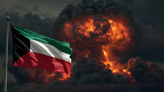 The national flag of Kuwait waves against a mushroom cloud from a nuclear explosion. A powerful concept for videos about war, international crisis, and conflict.