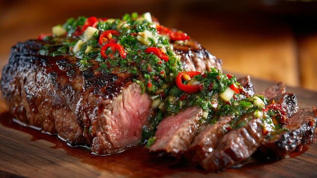 Mouthwatering grilled tri-tip steak with garlic chimichurri and chili slices on a rustic wood board.