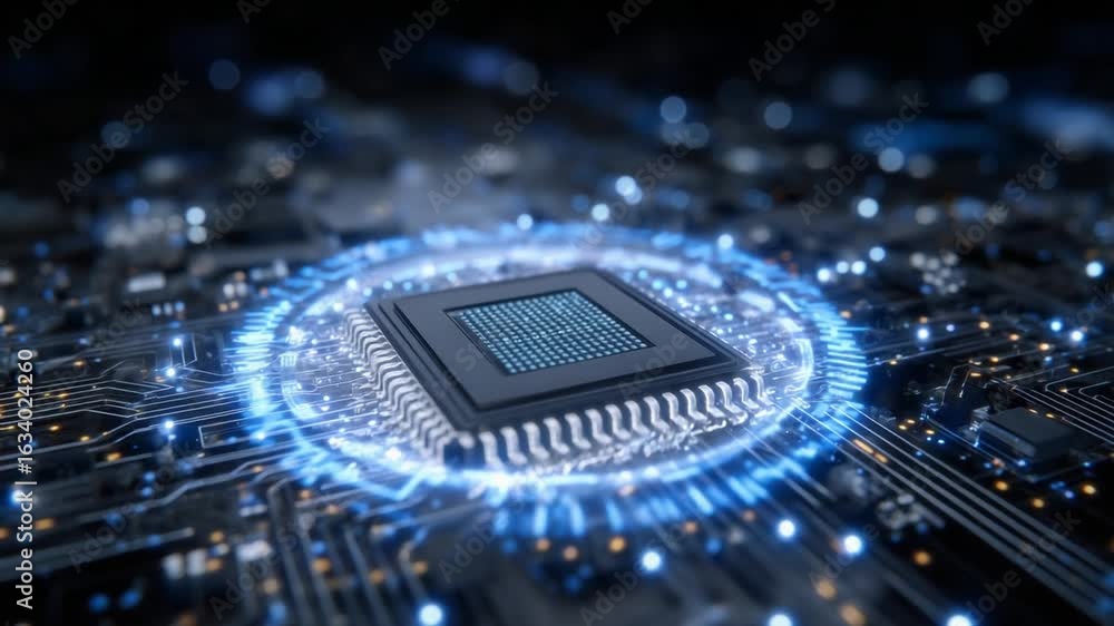 Poster explore a neon-themed digital landscape featuring an ai-driven cpu, blockchain tokens, encryption pa