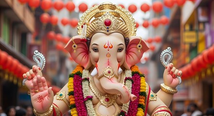 Close up of lord ganesha idol adorned with garlands and jewelry in a festive street setting with lanterns