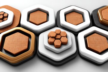 Abstract geometric pattern of layered hexagons in white, brown, and black