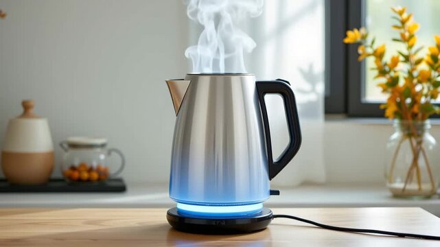 Electric Kettle with Steam: A modern electric kettle sits atop a countertop, releasing a plume of steam, suggesting warmth and the preparation of a hot beverage.