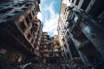 Fototapeta premium Dramatic view of damaged and abandoned building