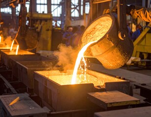 Molten metal pouring into casting molds in a factory