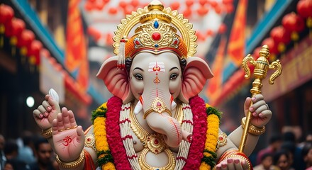 Close up of lord ganesha statue adorned with garlands and jewelry during a hindu festival parade
