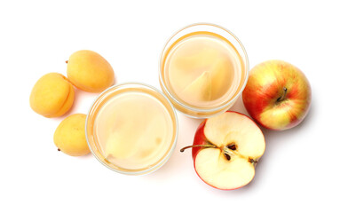 Tasty compot and fruits isolated on white, top view