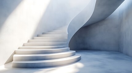 A smooth concrete infinity staircase set in a minimalist white room, soft indirect lighting casting gentle shadows, creating a serene architectural scene. modern vibe, muted palette, clean lines.