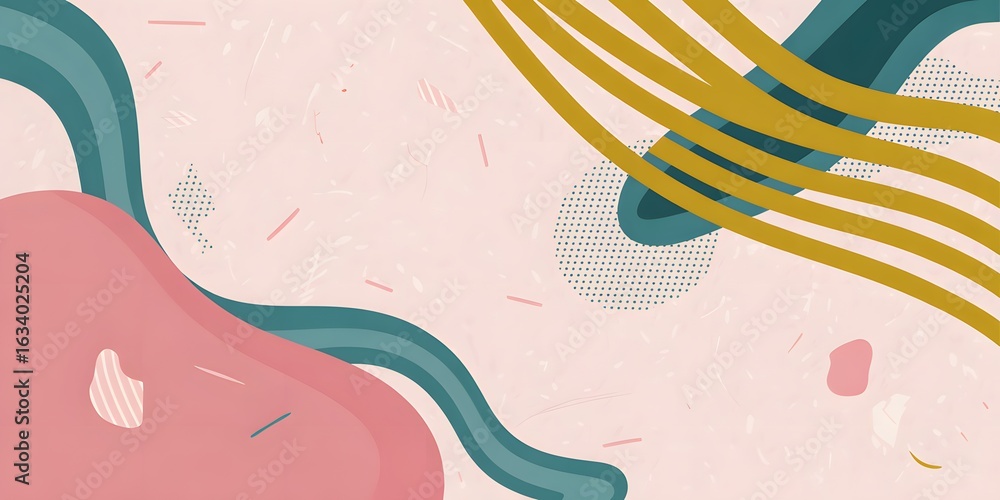 Poster abstract composition: dynamic lines and organic shapes dance across a soft, pastel-hued backdrop, cr