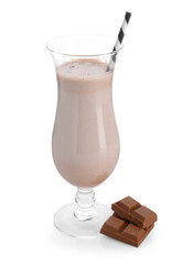 Tasty milkshake in glass and pieces of chocolate isolated on white