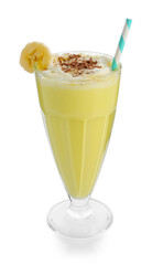 Tasty banana milkshake with whipped cream and chocolate in glass isolated on white