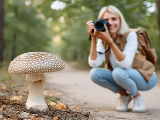 Mushroom growing on forest floor with woman crouching and taking photo in background, capturing nature beauty outdoors