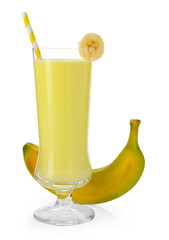 Tasty milkshake in glass and banana isolated on white
