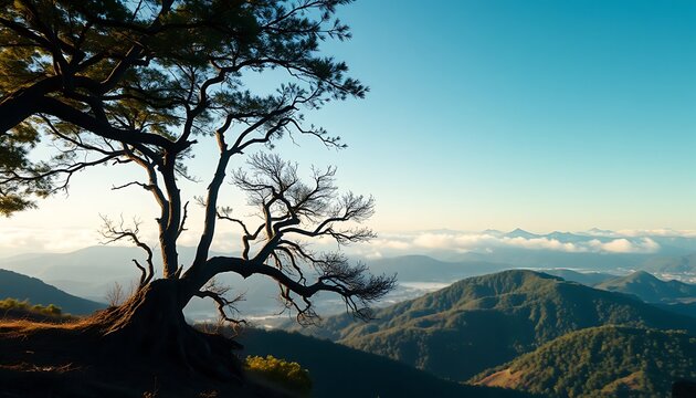 Mountainous Horizon with Lone Tree
