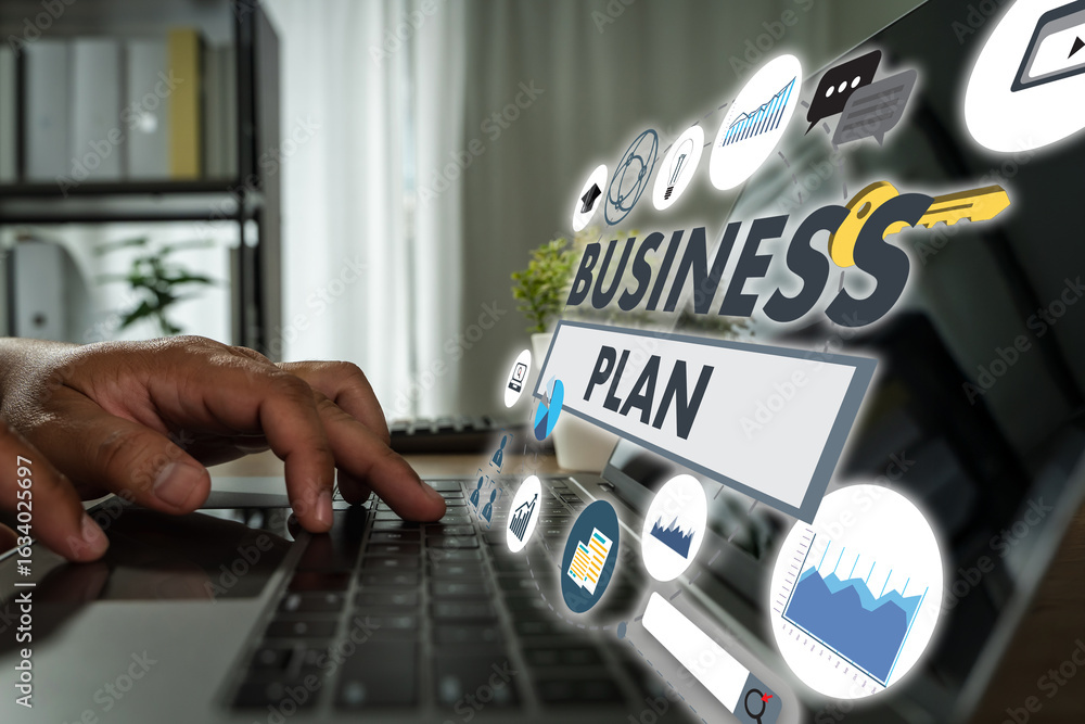 Poster business plan concept represented through digital icons and charts as a person types on a laptop in 