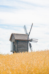 Quaint windmill in an ancient Central European village, set amidst golden grasses and blue sky...