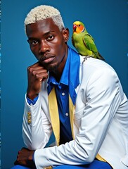 stylish man in a suit poses with a vibrant parrot