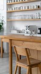 Minimalist Kitchen Interior with Natural Wood Furniture and Bright Shelves, Evoking Serene Modern Home Living and Clean Design Aesthetics.