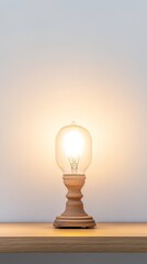 Warm glow of a classic Edison-style light bulb on a wooden stand, illuminating a minimalist interior with its inviting and cozy ambiance.