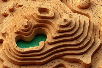 Wood sculpted relief, layered hills