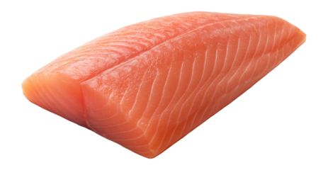 Fresh raw salmon fillet showcasing its vibrant orange color and smooth texture on transparent background.