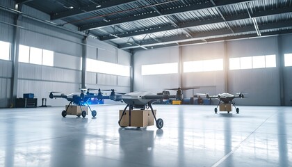 Drones Carrying Packages in Warehouse for Delivery Service