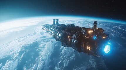 Astronaut drifting above a glowing space station illuminated by soft blue lights, aurora shimmering on Earth’s horizon below. ethereal feel, vibrant colors, subtle motion blur.