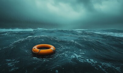 Lifebuoy floating in stormy sea weather, symbolizing safety, survival, and resilience in a challenging environment, Generative AI