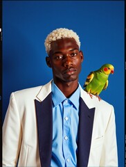 stylish man in a suit poses with a vibrant parrot