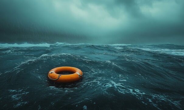 Lifebuoy floating in stormy sea weather, symbolizing safety, survival, and resilience in a challenging environment, Generative AI