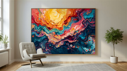 Abstract Large detailed oil painting with vibrant hues and wooden frame