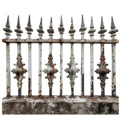 Vintage Metal Fence with Ornate Finials and Rusty Patina Detail