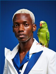 stylish man in a suit poses with a vibrant parrot
