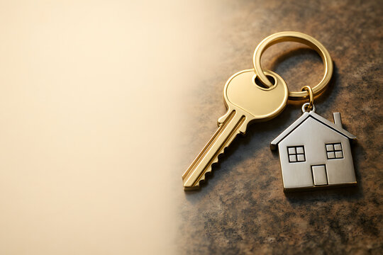 Shiny Gold Key on White Marble Surface for Real Estate and Security Concepts
