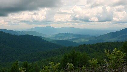 Fototapeta premium Vast and Serene Mountain Range with Layers of Forested Hills