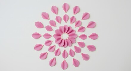 Obraz premium Pink Flower Petals Arranged in a Symmetrical Mandala Design on White Background: Minimalist Floral Art
