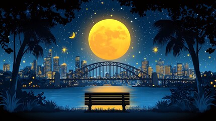 A nighttime cityscape view with a large moon and a park bench.