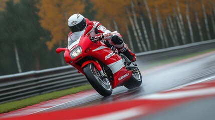 Obraz premium Red motorcycle on a wet racetrack.