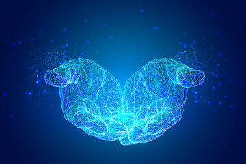 Futuristic hands offering digital technology solutions and protection with glowing energy on blue backdrop for innovative business concepts