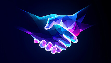Obraz premium Stunning digital handshake graphic symbolizing partnership, collaboration, and trust in vibrant blue and purple hues for modern business themes
