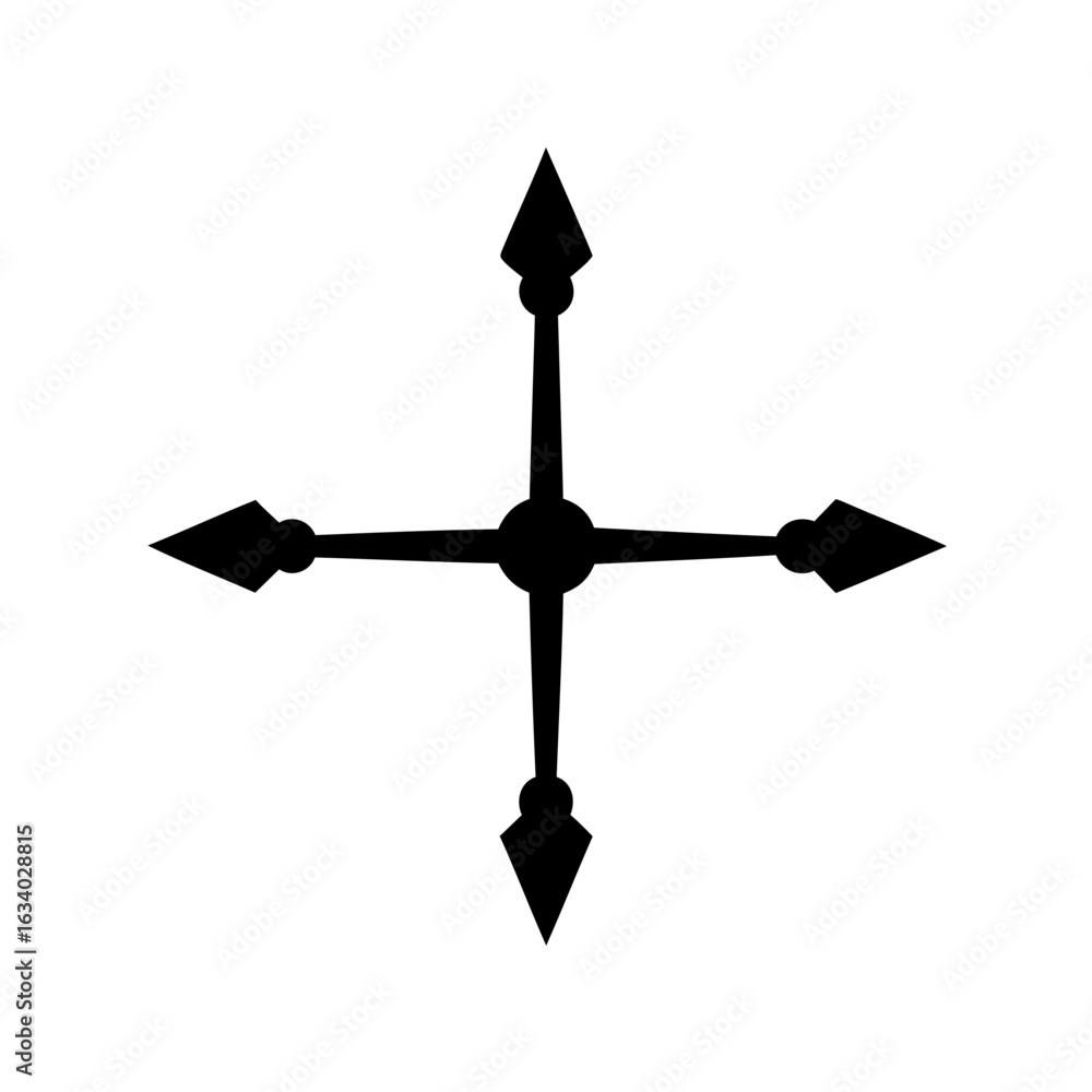 Poster a black arrow cross with a central circular element on a white background